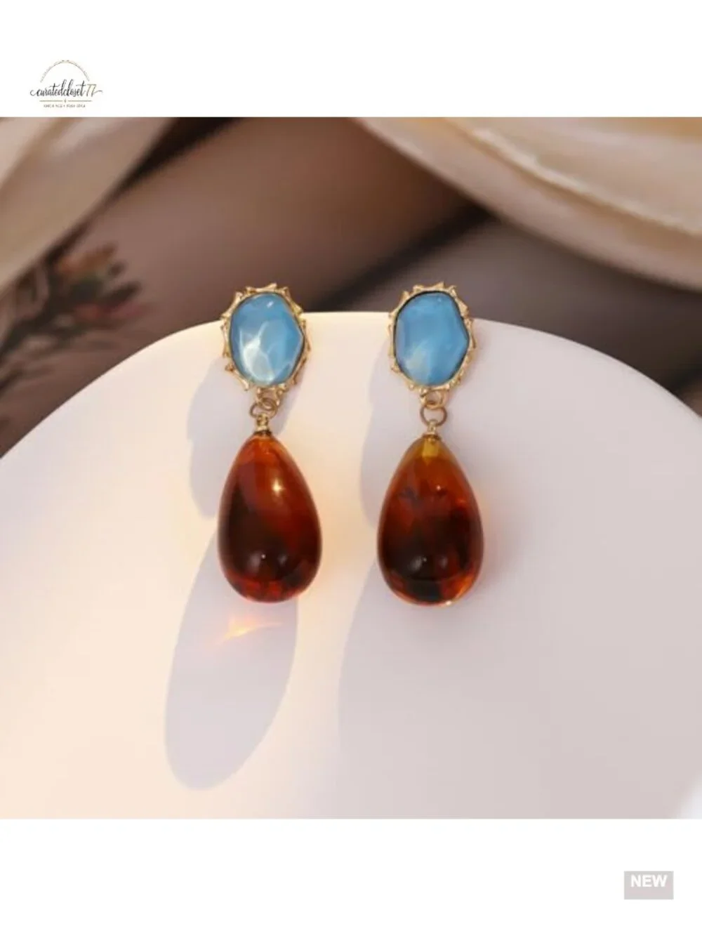 Vintage Blue Resin and Amber Teardrop Dangle Earrings Bohemian Irregular